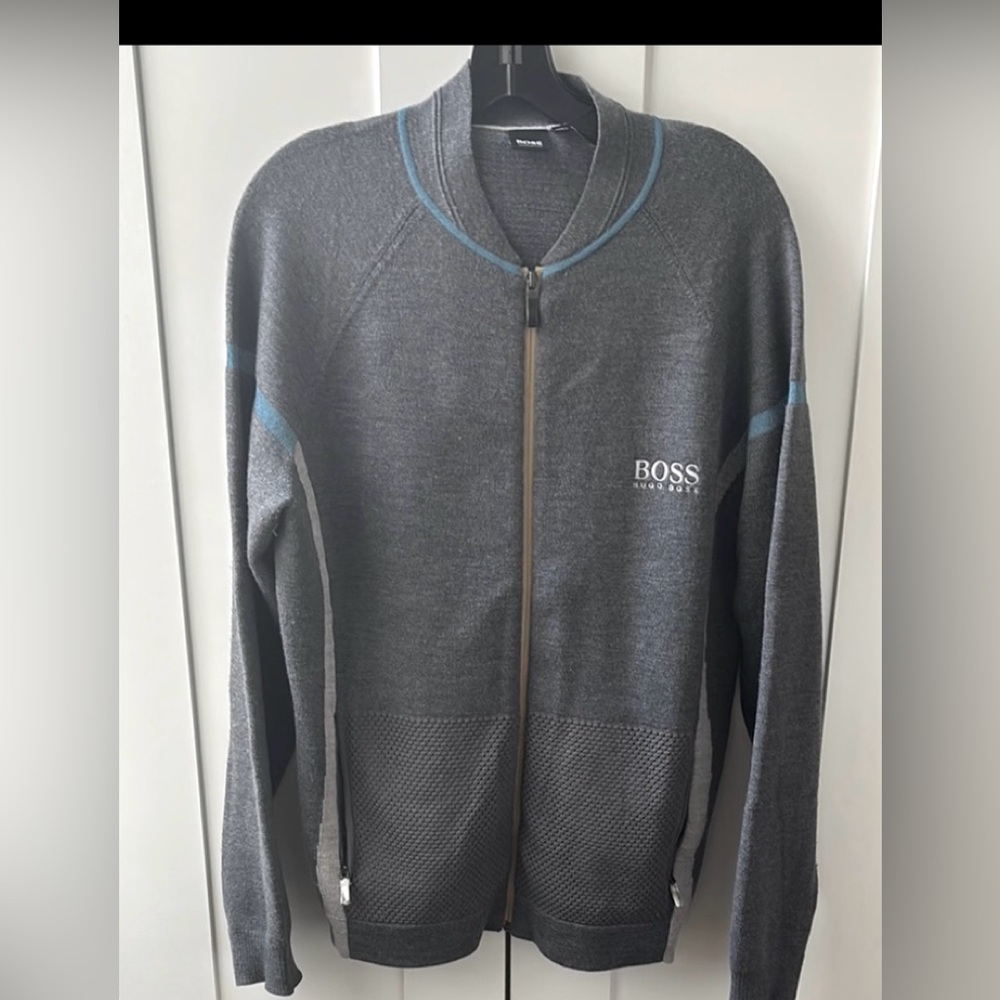 BOSS Men's Charcoal and Blue Zip-Up Sweater in mixed Wool